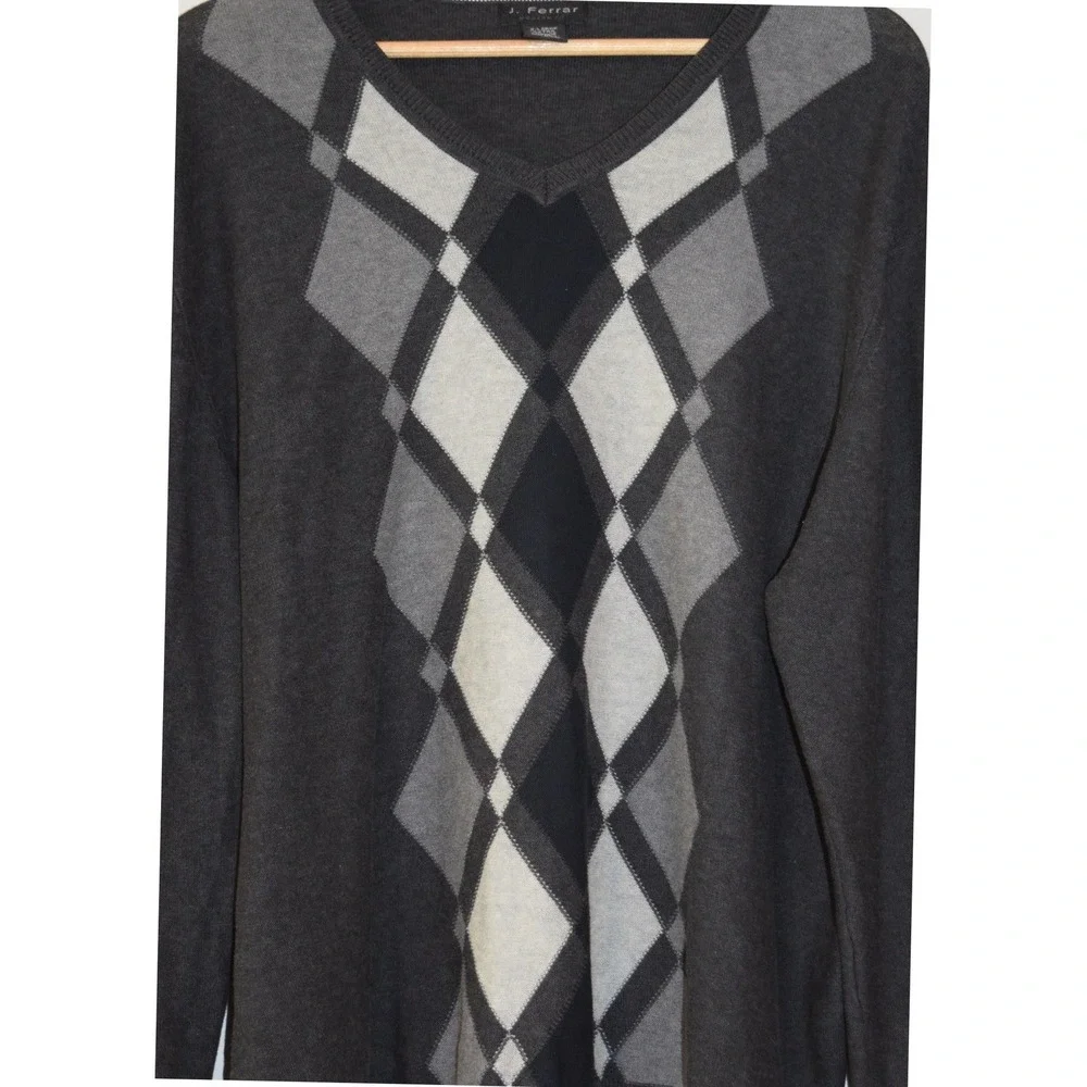 J. Ferrar Argyle‎ Sweater Mens XL Charcoal Grey Cotton V-Neck EUC Modern Fit